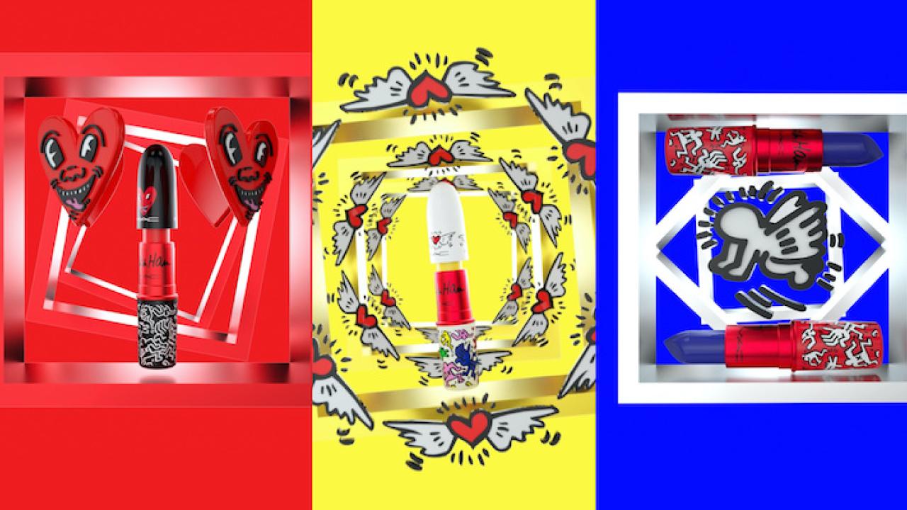 MAC cosmetics in front of red, yellow and blue backgrounds