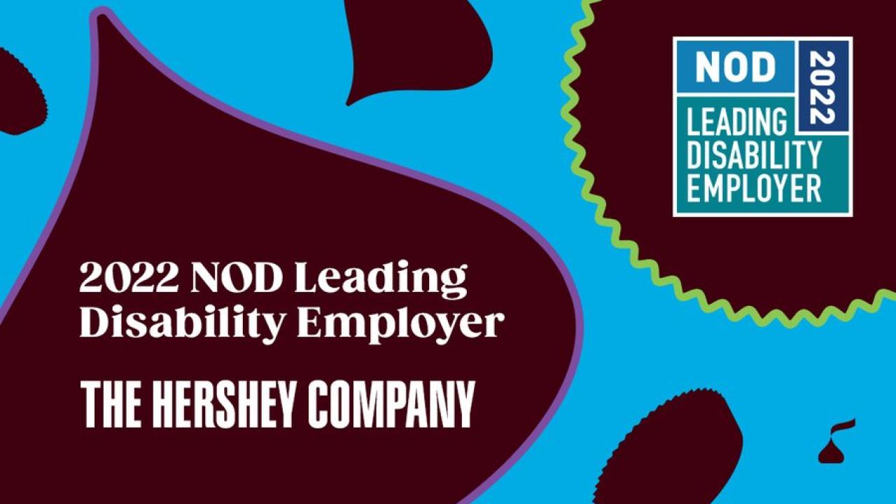 Brown shapes on a blue background, "2022 NOD leading disability employer The Hershey Company." NOD logo in the right corner.