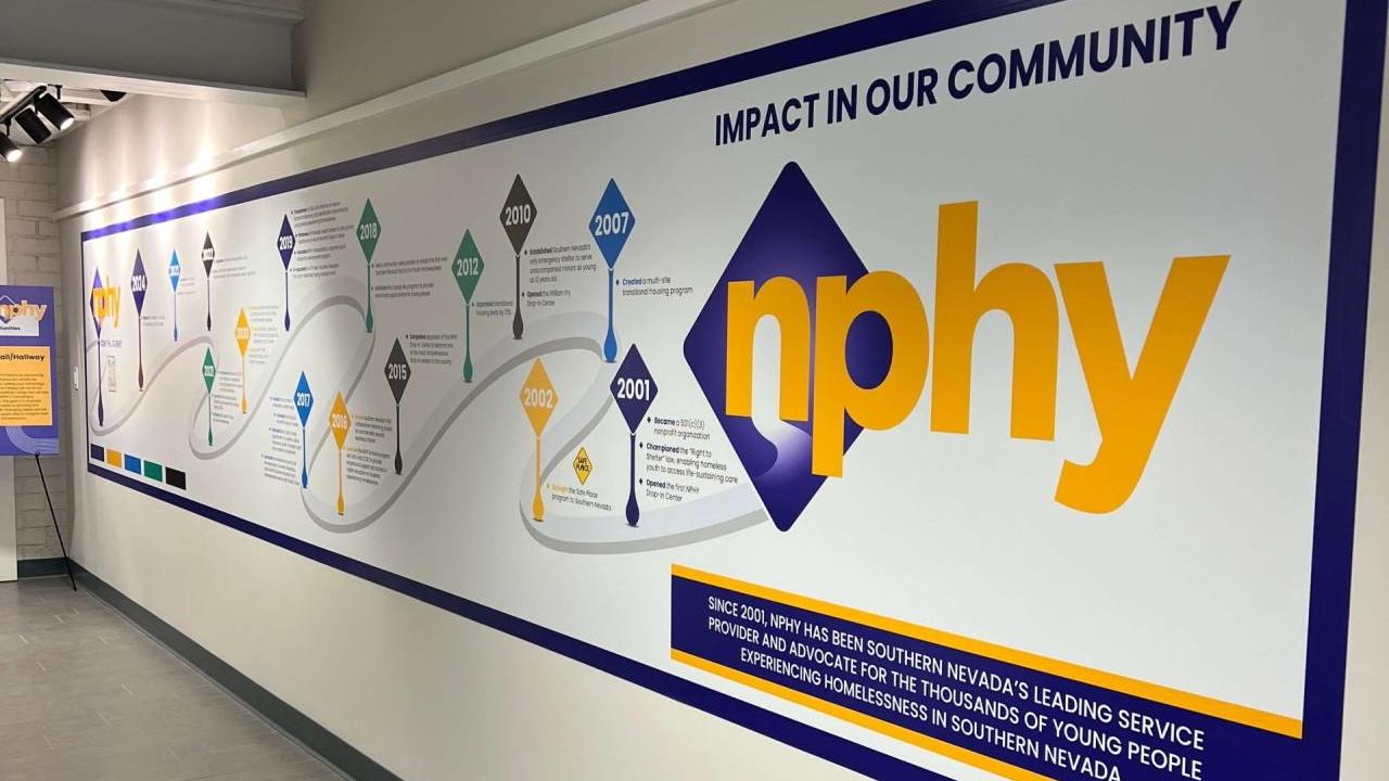 An informative mural on a long wall in a hallway "Impact in our community." NPHY logo.