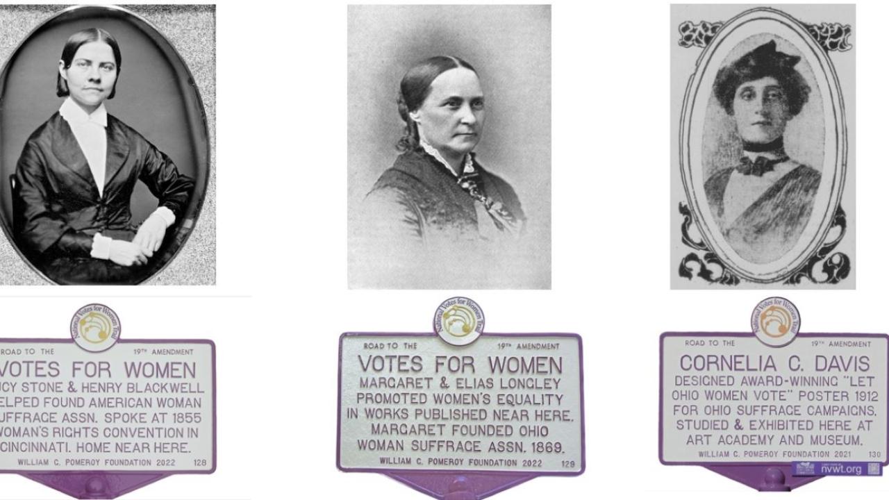 Images of the three markers with a photograph of each of the suffragists: Lucy Stone, Margaret Longley, and Cornelia Cassady Davis