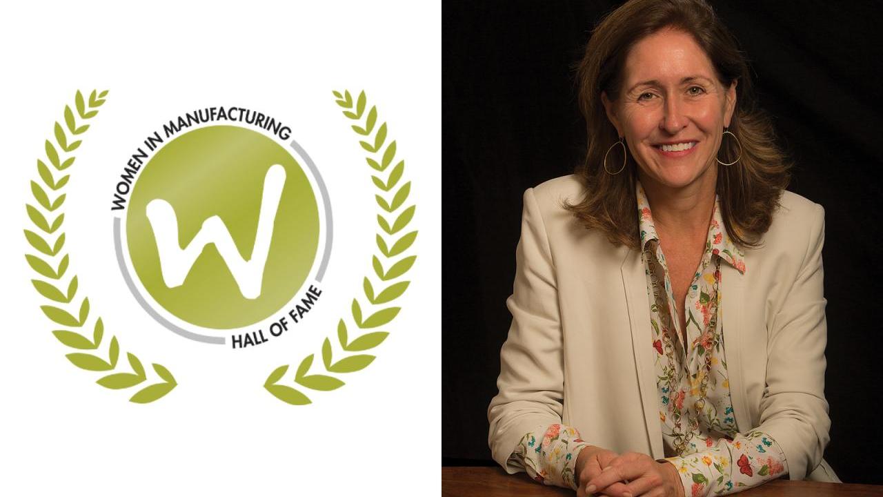 Nancy Richards Farese and the Women in Manufacturing hall of fame logo.