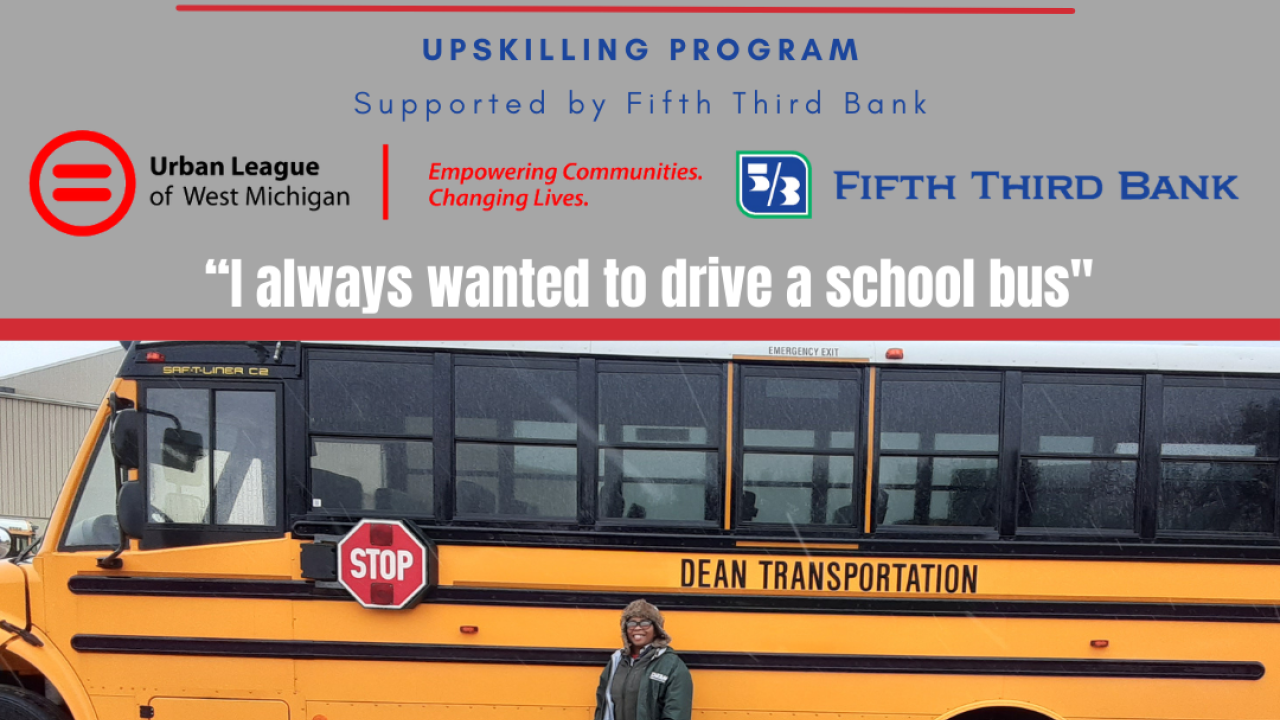 National Urban League poster featuring Natalie Crosby standing in front of a school bus. 