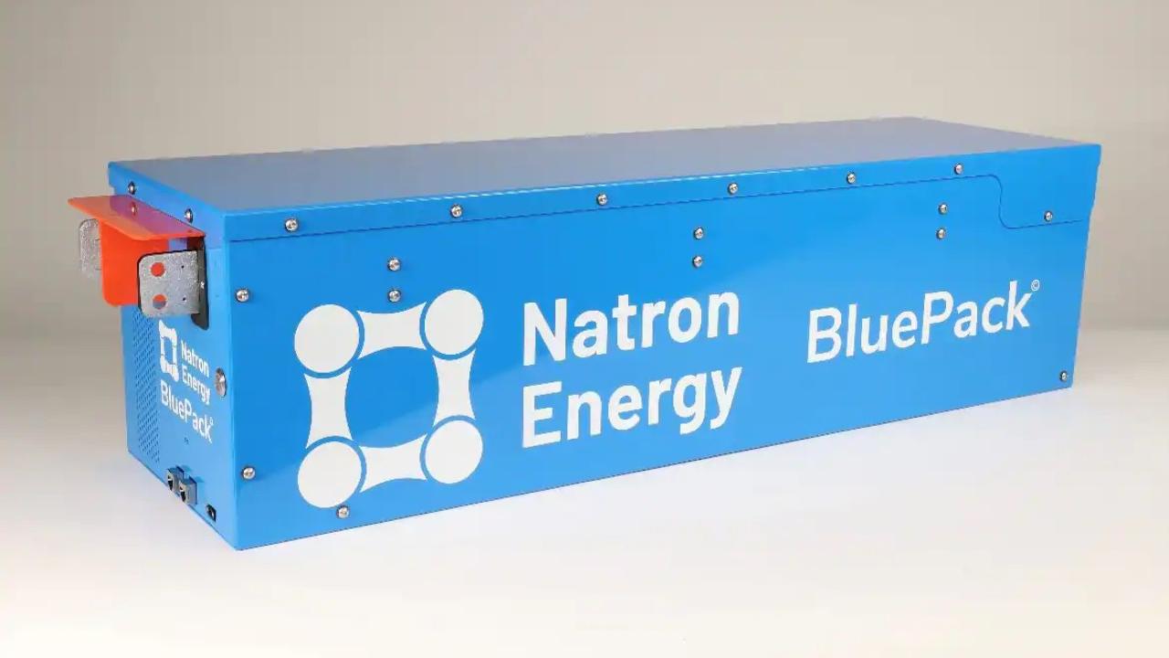 Blue box "Natron Energy BluePack" on the side
