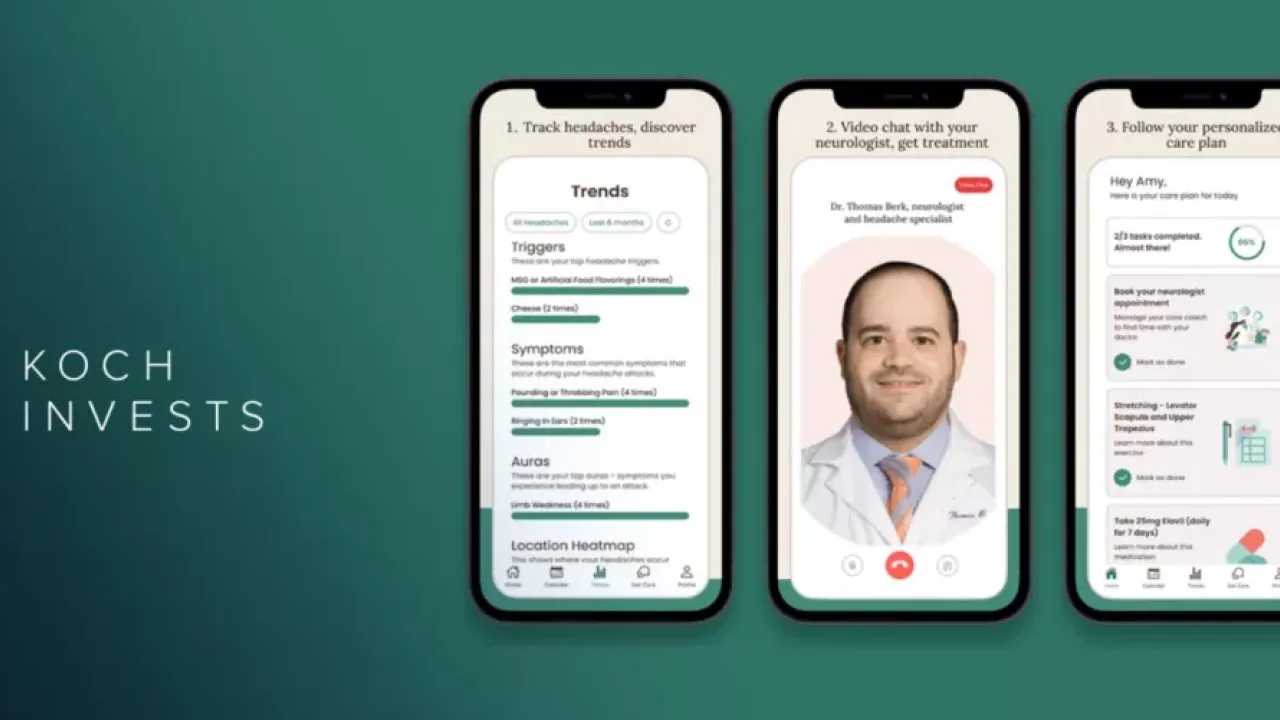 Image of three mobile phones displaying trends, video chat and personalised care plan