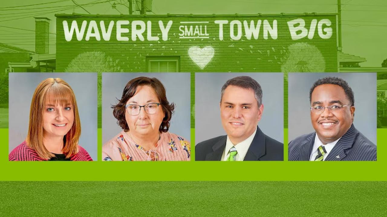 Profiles of Mary McMillan, Kathy Peyton, Scott Beard and Rudy Walker. A green background with image of the side of a building with "Waverly small town big" painted on the sign.