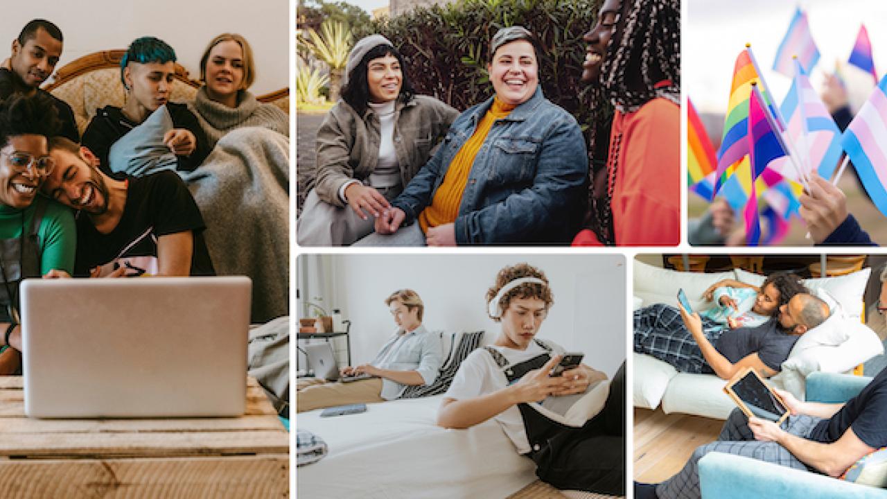 Photo montage of people in front of a computer, at a Pride parade and relaxing in chairs.