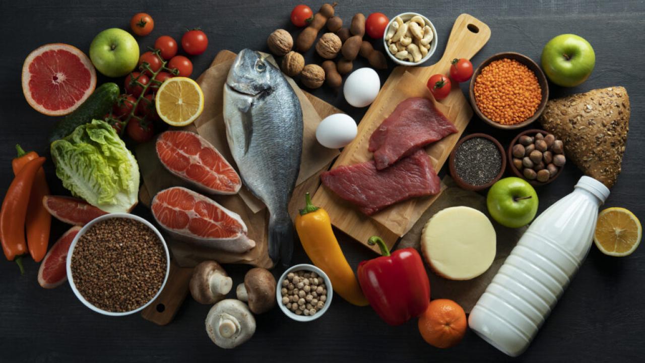 Array of different meat, fish, fruits and vegetables.