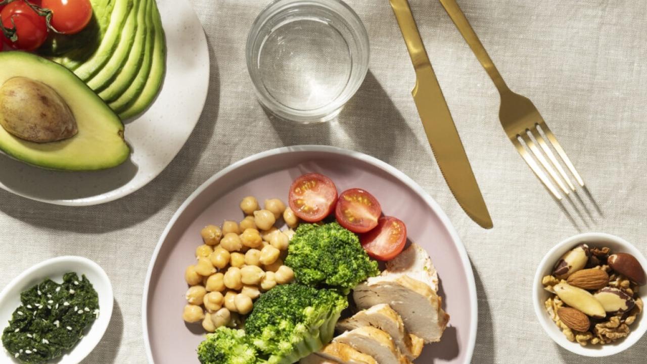 A nutritious meal is shown on a table top.