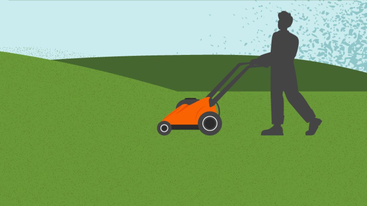 The Home Depot: Sustainable Outdoor Power Equipment. Illustration of a person mowing the lawn.