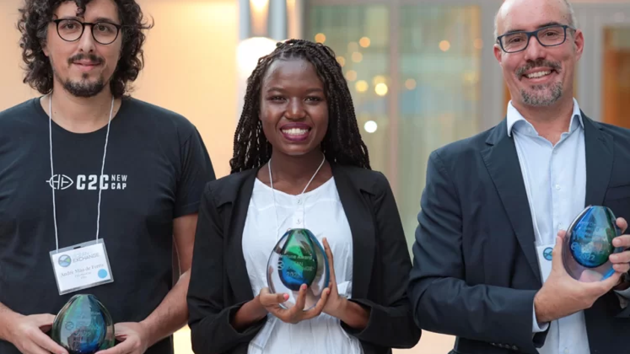2022 Ocean Exchange Winners with Solutions for CO2 and Fisheries Protection: Ocean/Climate Nexus. L-to-R, André Mão de Ferro of C2C-NewCap, Diana Orembe of NovFeed and Jon Asin of BeePlanet Factory