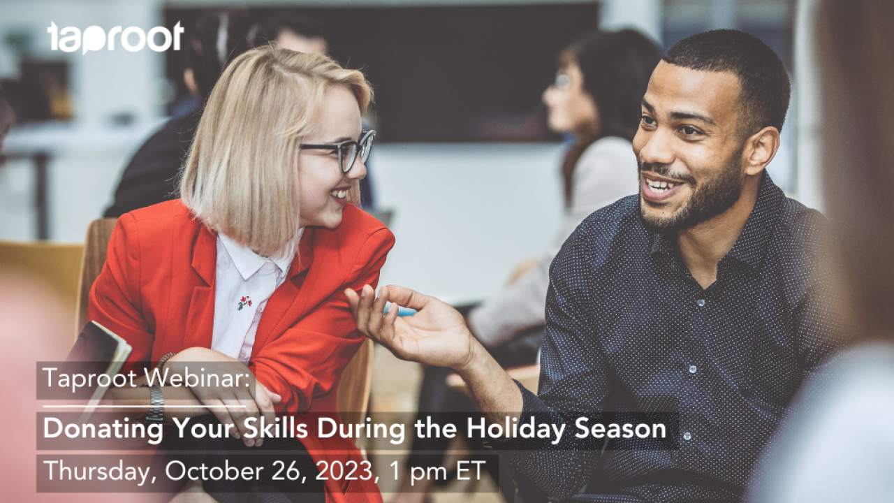 Two people engage in conversation with other discussion groups in the background. Text overlay promotes Taproot's event on donating skills during the holidays.