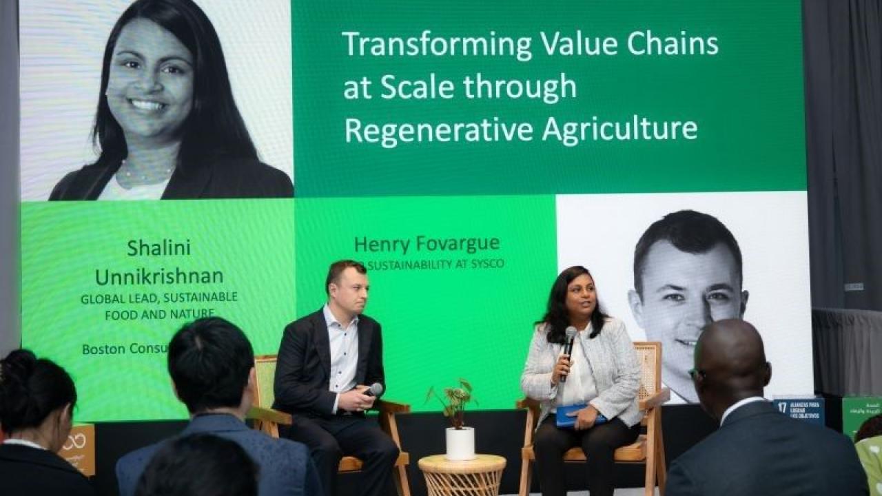 Henry Fovargue and Shalini Unnikrishnan talking on stage