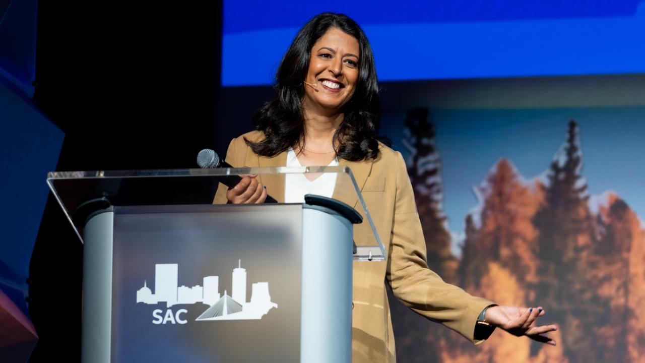 Amina Razvi, outgoing CEO of the SAC during her opening address at the SAC 2023 Annual Meeting in Boston