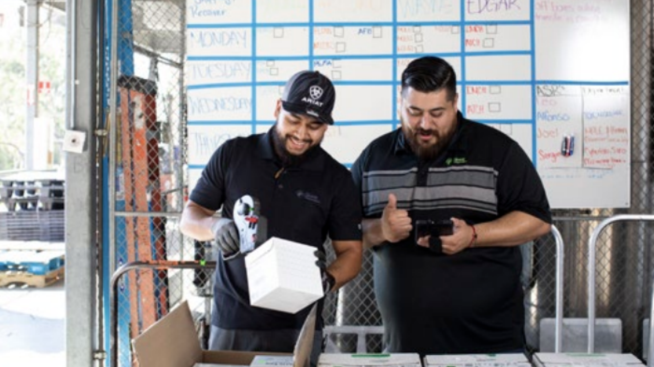 Two workers scanning products out of boxes