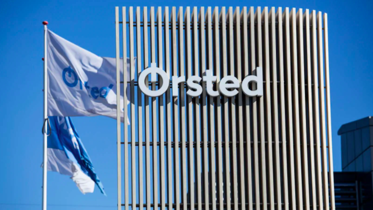 Image of Ørsted headquarters with two flags on the left side of the image
