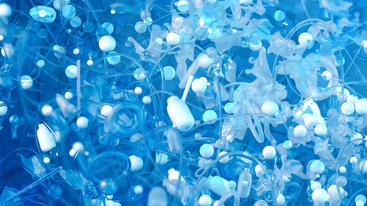 Group of floating "PFAS" with a blue background