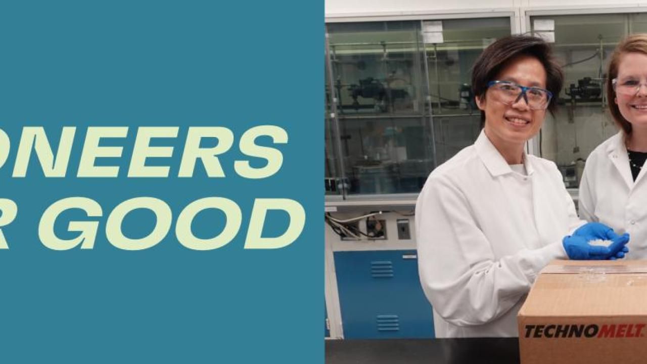 Alice and Alexis smiling in lab gear. "Pioneers for Good" to the left.