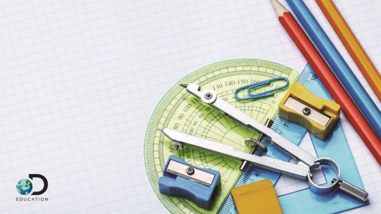 Discovery Education logo and a photo of pencils and other math tools
