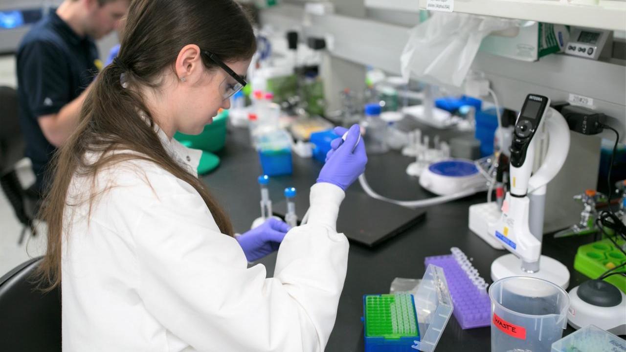 A person in protective lab gear working with pipettes and small containers at a table.