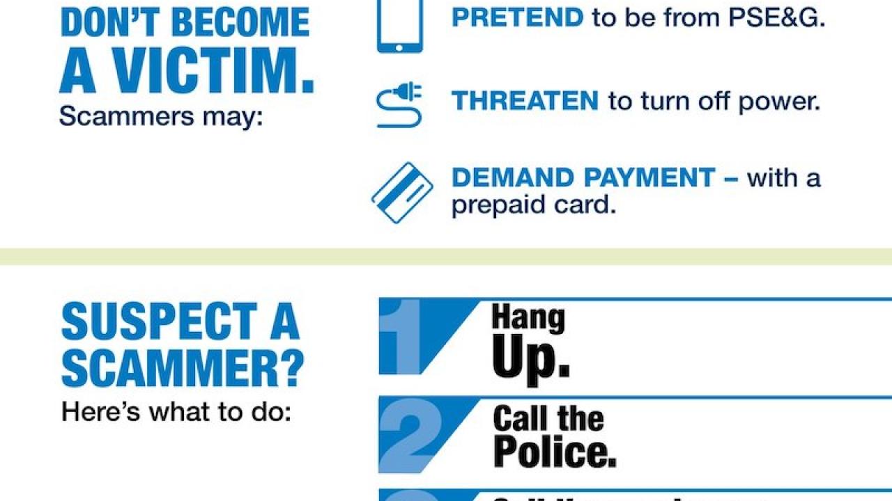 Protect Yourself From PAYMENT SCAMS DON'T BECOME A VICTIM. Scammers may: PRETEND to be from PSE&G. THREATEN to turn off power. DEMAND PAYMENT - with a prepaid card. SUSPECT A SCAMMER? Here's what to do: pseg.com/scamalert Hang Up. Call the Police. Call the number on your PSE&G bill, PSEG