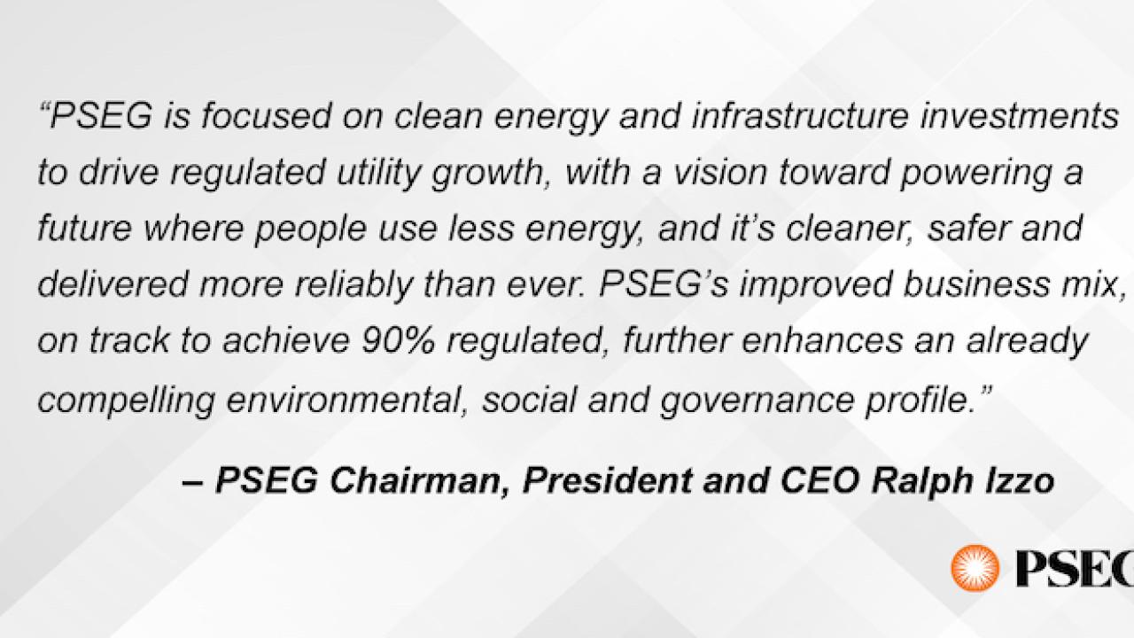 "PSG is focused on clean energy and infrastructure investments to drive regulated utility growth, with a vision toward powering a future where people use less energy, and it's cleaner, safer and delivered more reliably than ever. PSEG's improved business mix, on track to achieve 90% regulated, further enhances an already compelling environmental, social and governance profile." - PSG Chairman, President and CEO Ralph Izzo