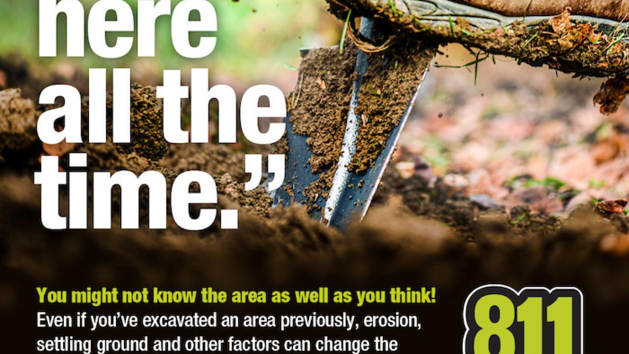 "I dig here all the time." You might not know the area as well as you think! Even if you've excavated an area previously, erosion, settling ground and other factors can change the 81 depth and location of utilities over time. ALWAYS contact 811 before putting your shovel to the ground! Image of shovel being placed in the ground with a boot about to dig.