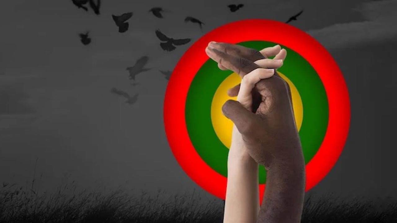 Black and white hand clasped with red, green and yellow circles behind the hands.