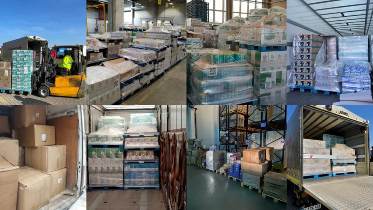 gallery of 8 images of stacks of pallets with water, boxes, and supplies
