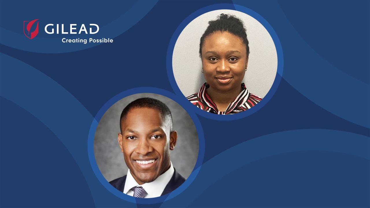 Headshots of two people on a blue background with the Gilead logo 