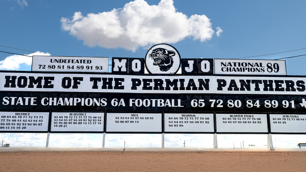 A large display "Home of the Permian Panthers" and dates of State Championships.