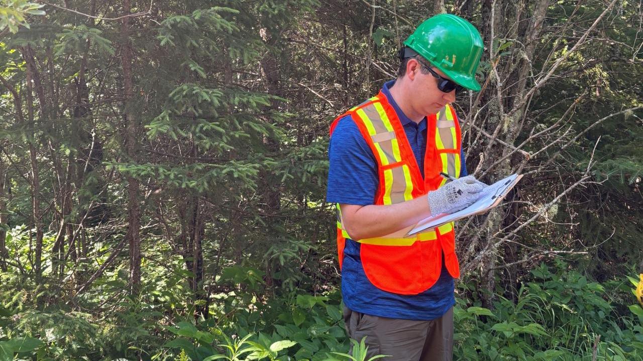Chris Reeves standing in a forest reviewing papers.