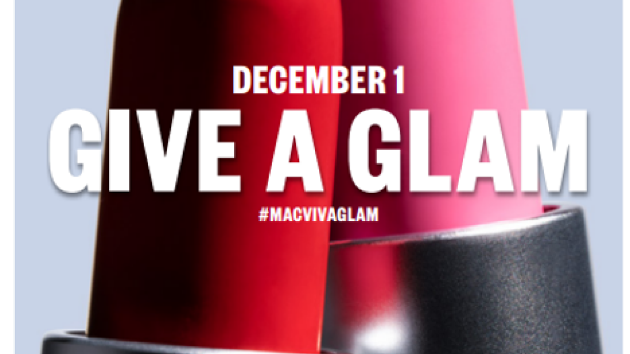 MAC Beauty Papers flyer featuring a red lipstick and a pink lipstick. "December 1 GIVE A GLAM"