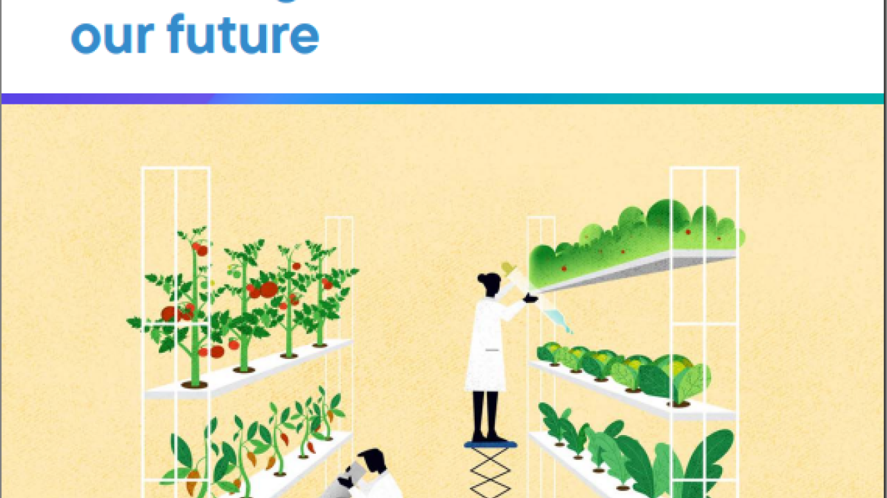 Franklin Templeton logo with "Food innovation: Investing to feed our future" . Below is a drawing of people in a greenhouse.