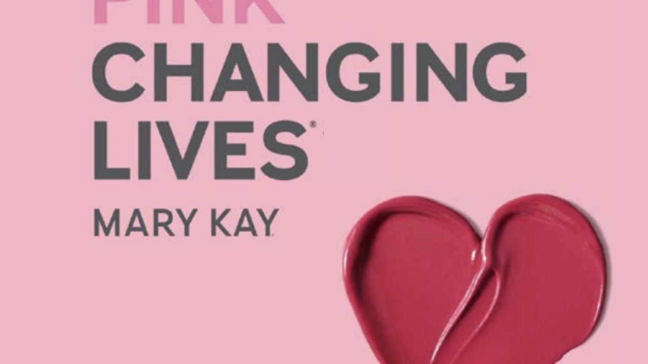 A love heart made from makeup with text that reads "Pink changing lives Mary Kay"