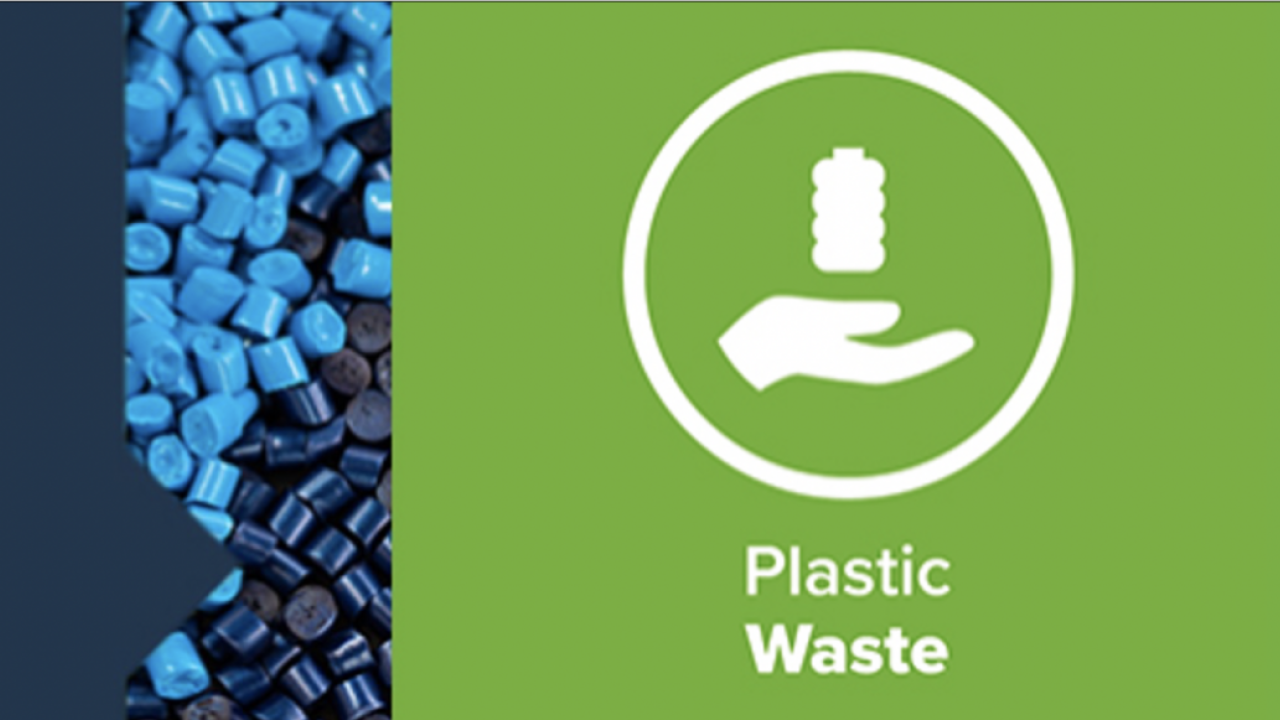 Symbol of a hand stretched out holding a plastic bottle. "Plastic Waste".