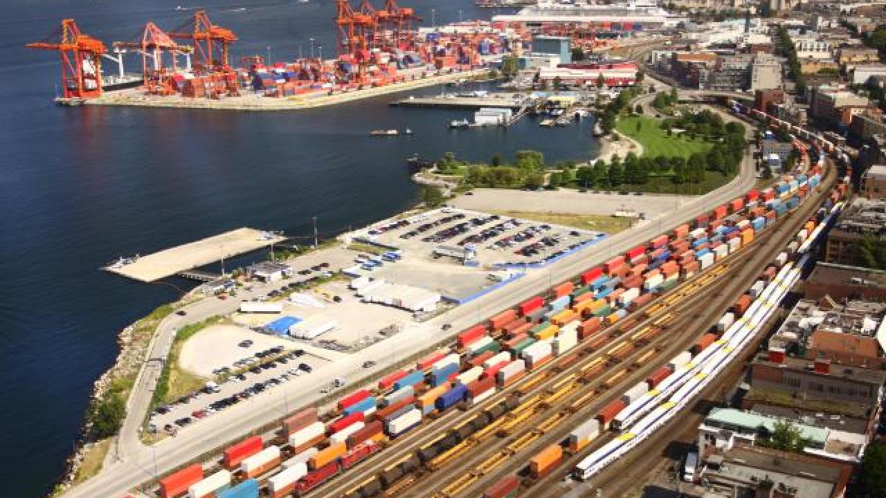 Aerial view of port and container yard