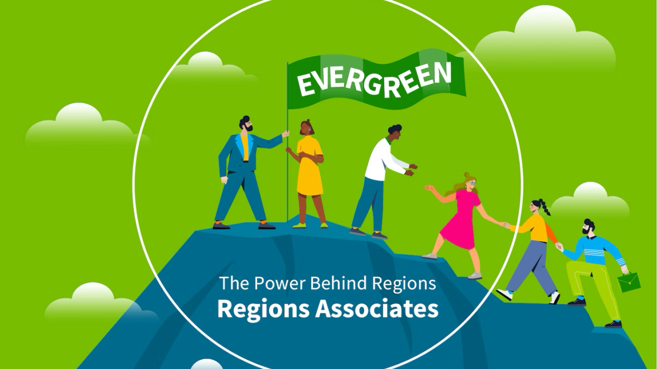 illustration of people climbing up a mountain with an 'evergreen' flag at the top