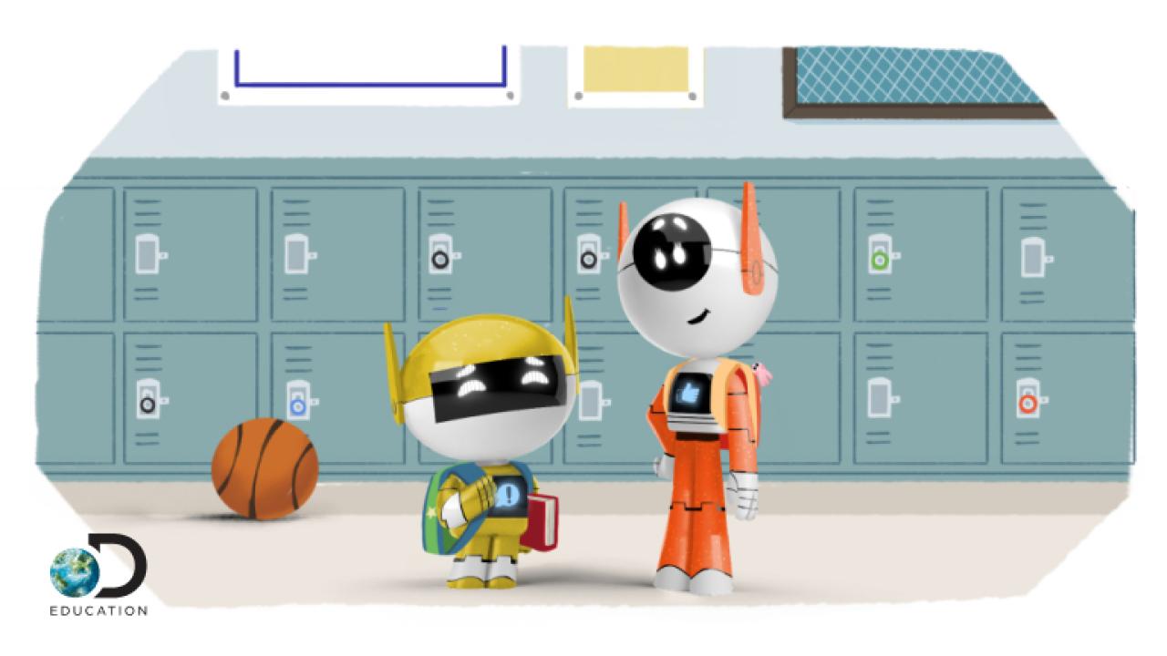 animation of two robots in school