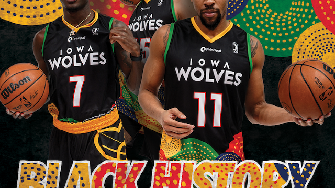 Black History Celebration Night: Three African American basketball players are shown wearing Iowa Wolves shirts.