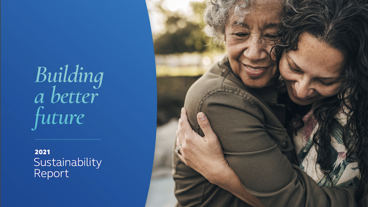 Building a better future. 2021 Sustainability Report. Principal. Photo of two women hugging.