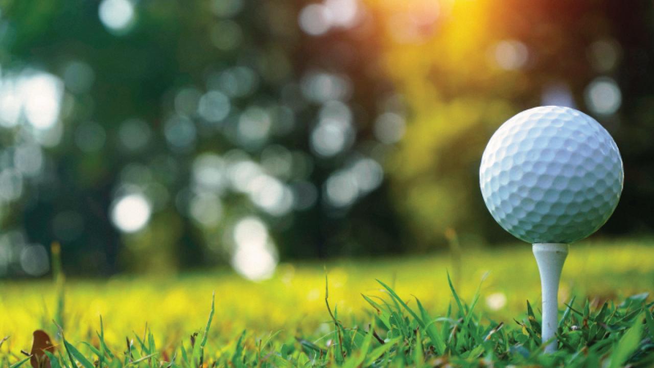 close up of a golf ball on a tee on grass