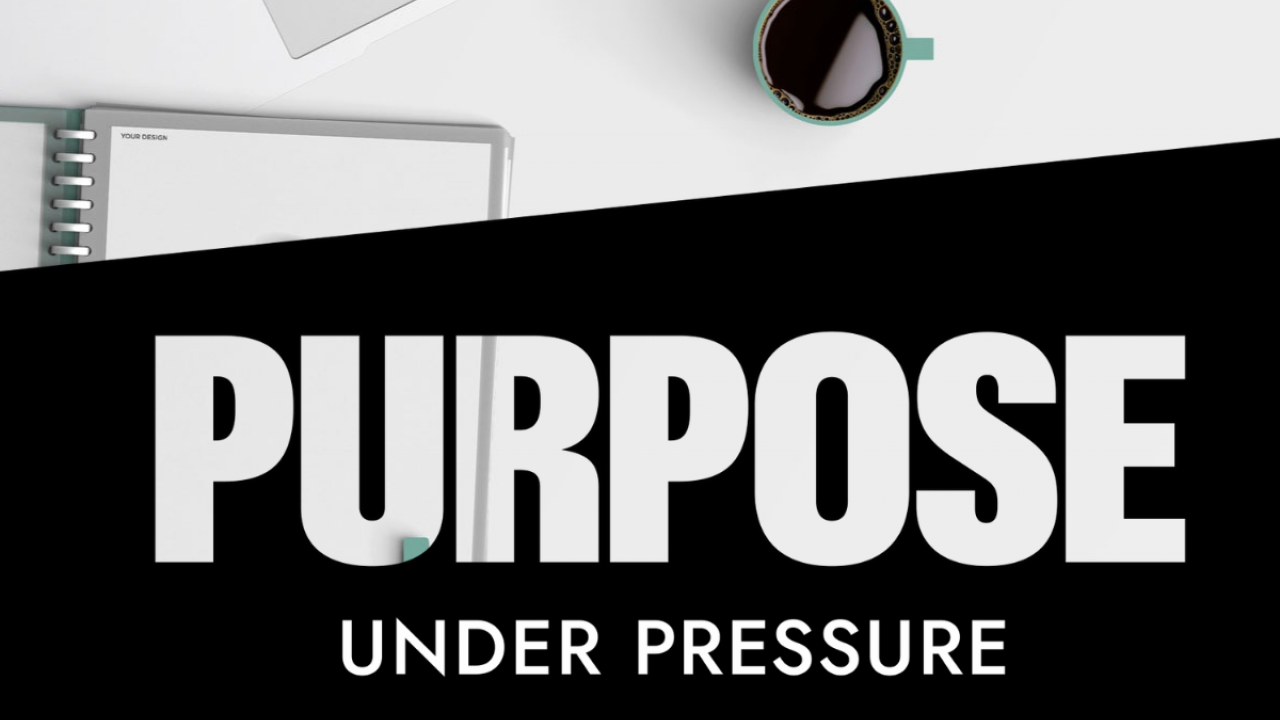 "Purpose Under Pressure" with black and white image of a computer and notebook