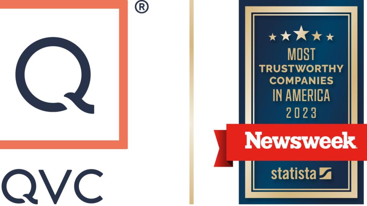 The QVC logo and the Newsweek Most Trustworthy Companies in America 2023 badge are shown.