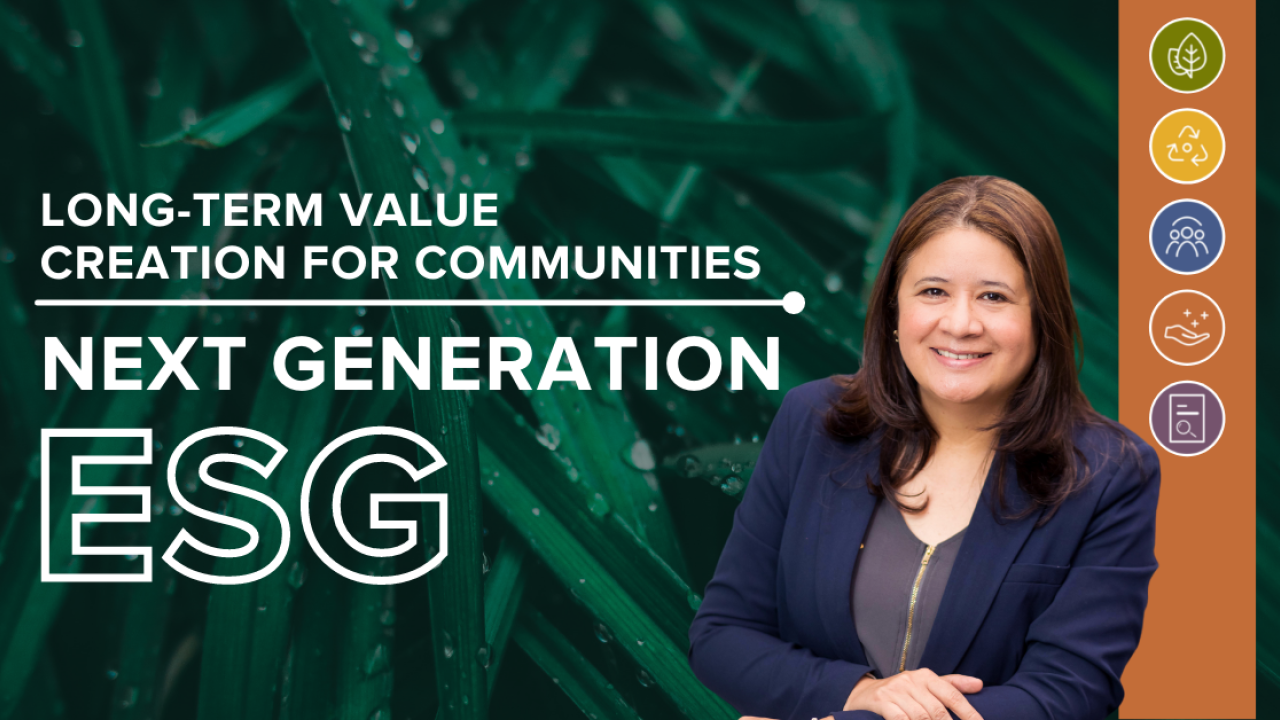 Claudia Sandoval, Vice-President of Corporate Citizenship at Gildan  pictured with text that reads: Long-term Value creation for Communities. Next Generation ESG