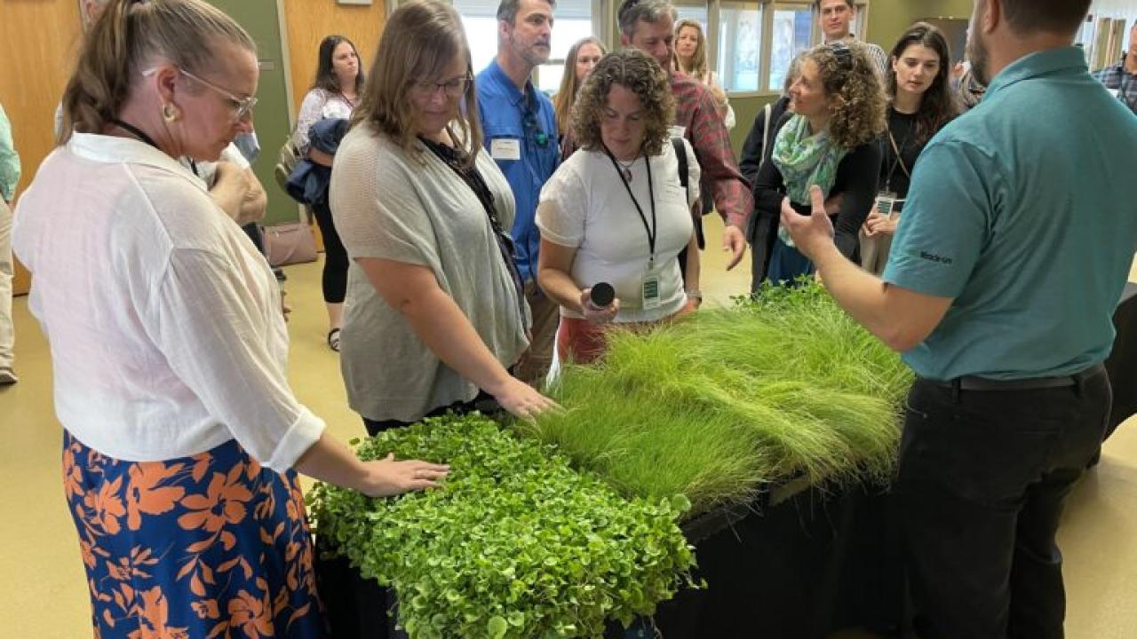 One person talking to to group in an open room, a table full of small plots of different grasses between them. Some are feeling the grasses.