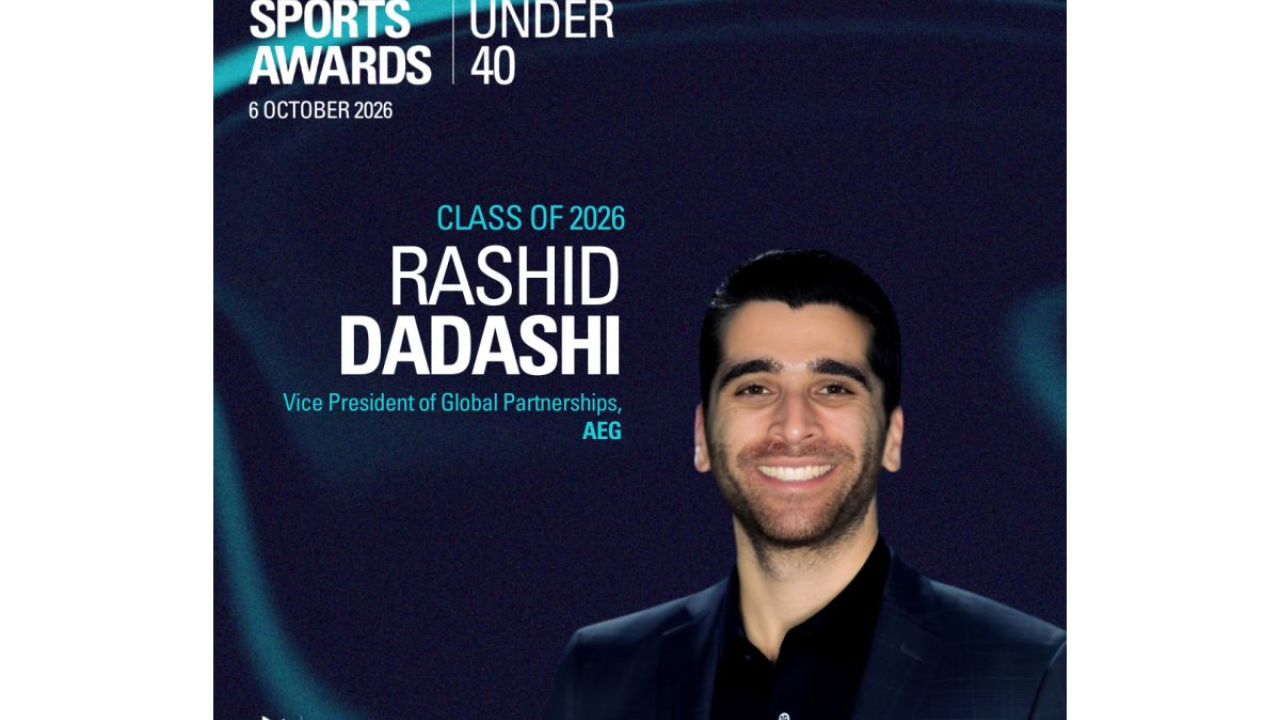 Graphic announcing Rashid Dadashi, Vice President of Global Partnerships at AEG, as a member of the Leaders Sports Awards Under 40 Class of 2026. Features a professional headshot against a dark blue background with award branding.