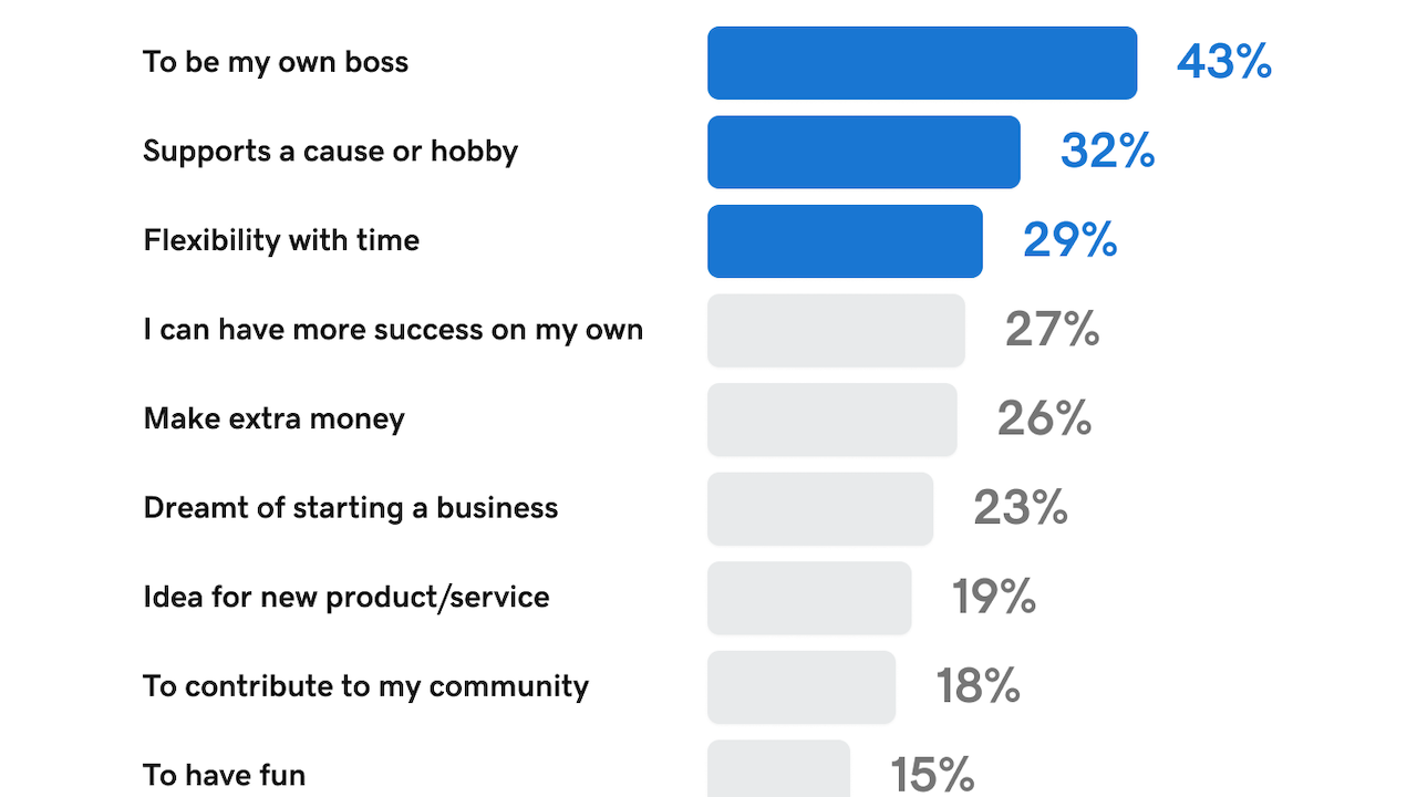 "Why Did You Start Your Business?" To be my own boss Supports a cause or hobby Flexibility with time I can have more success on my own Make extra money Dreamt of starting a business Idea for new product service To contribute to my community To have fun Wanted a career change.