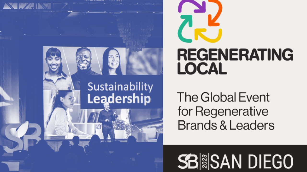 Picture of speaker on stage next to the words, "Regenerating Local: The Global Event for Regenerative Brands & Leaders"