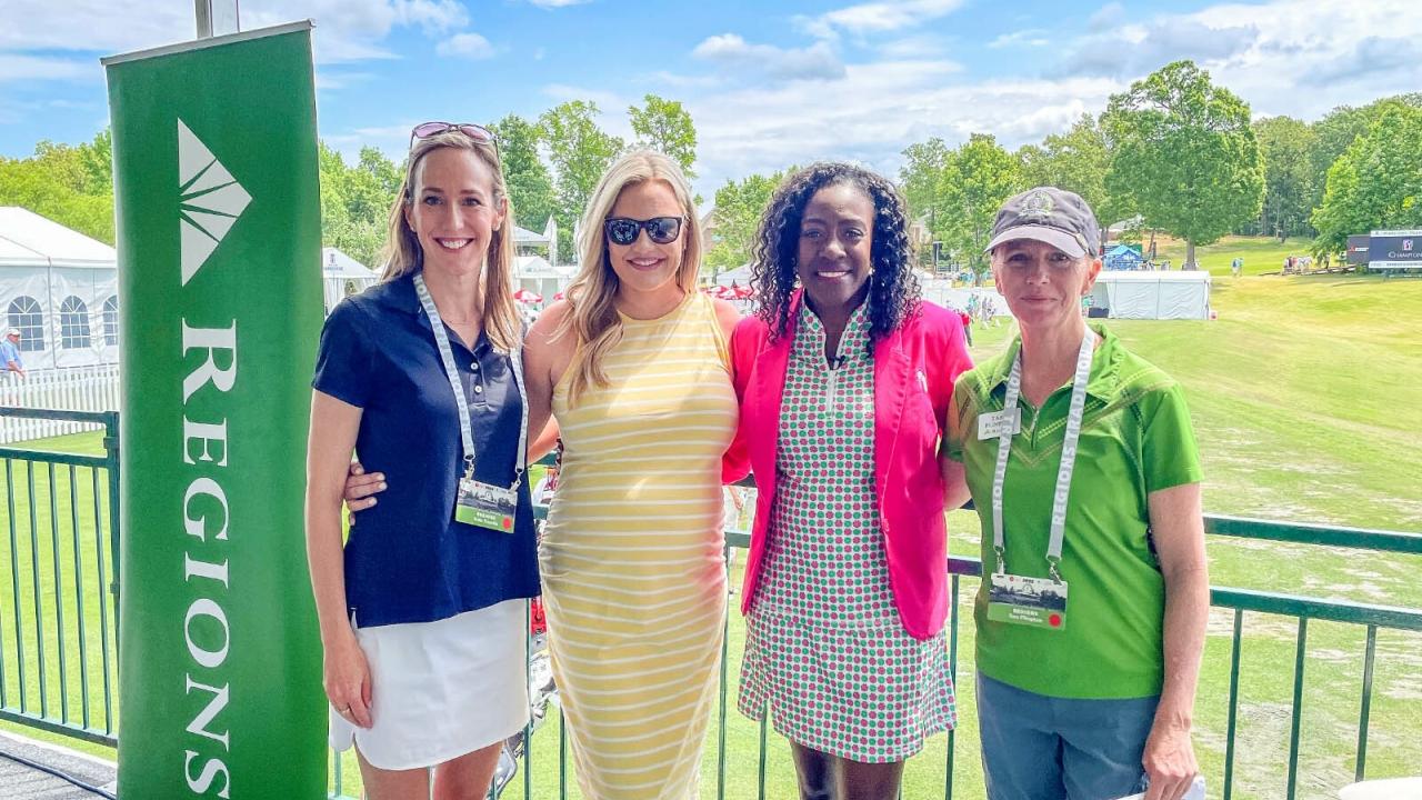 Pictured, from left to right: Kate Danella, head of Regions’ Consumer Banking Group; Tyler Sherman, Regions Tradition assistant tournament director; Shella Sylla, founder & CEO of SisterGolf, Tara Plimpton, Regions general counsel