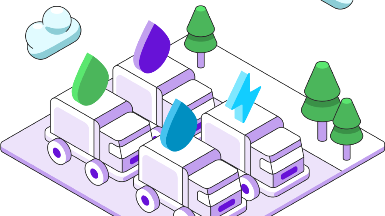 An illustration of a fleet with varying fuel type icons floating above each vehicles. 